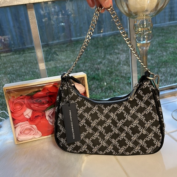 NWT French Connection Halina Monogram Crescent shoulder bag crossbody in black - Picture 5 of 5